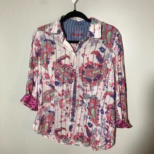 Robert Graham pink paint splattered button down toggle sleeve flip cuff shirt L
